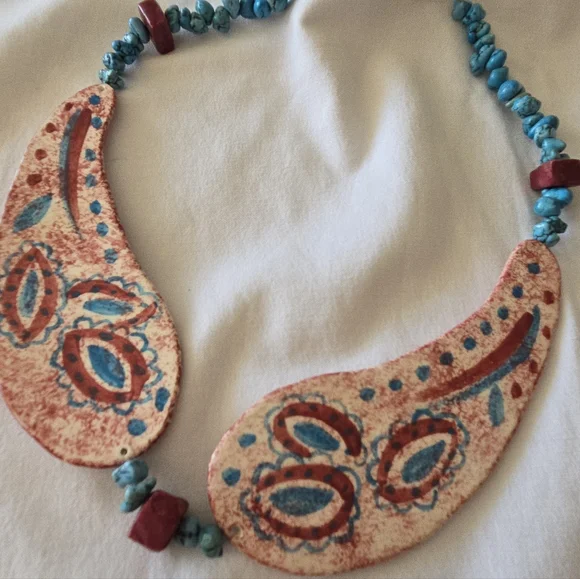 Vtg. Ceramic Handcrafted Collar Necklace Paisley 19" W/2"Extender - Picture 11 of 11